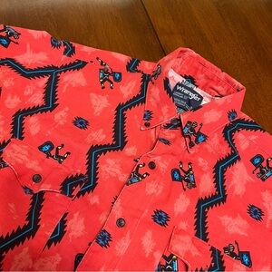 Wrangler Aztec Button Up Short Sleeve Long Tail Cowboy Cut Men's Sz 15 Vintage